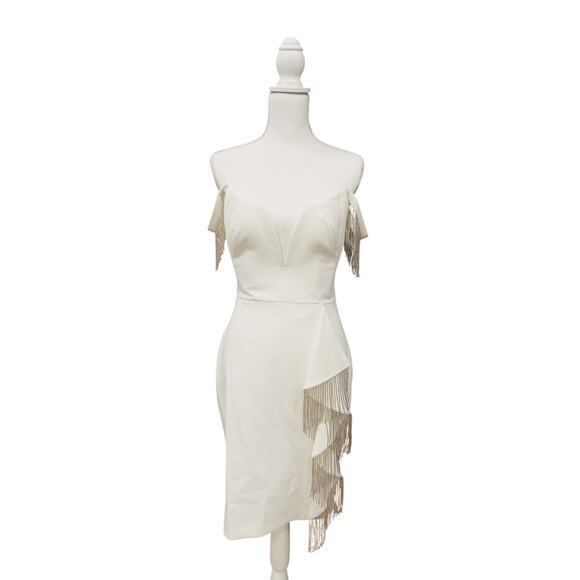 New with Tag! Marchesa Notte Embellished Fringed Mini Cocktail Dress in white - Picture 5 of 10